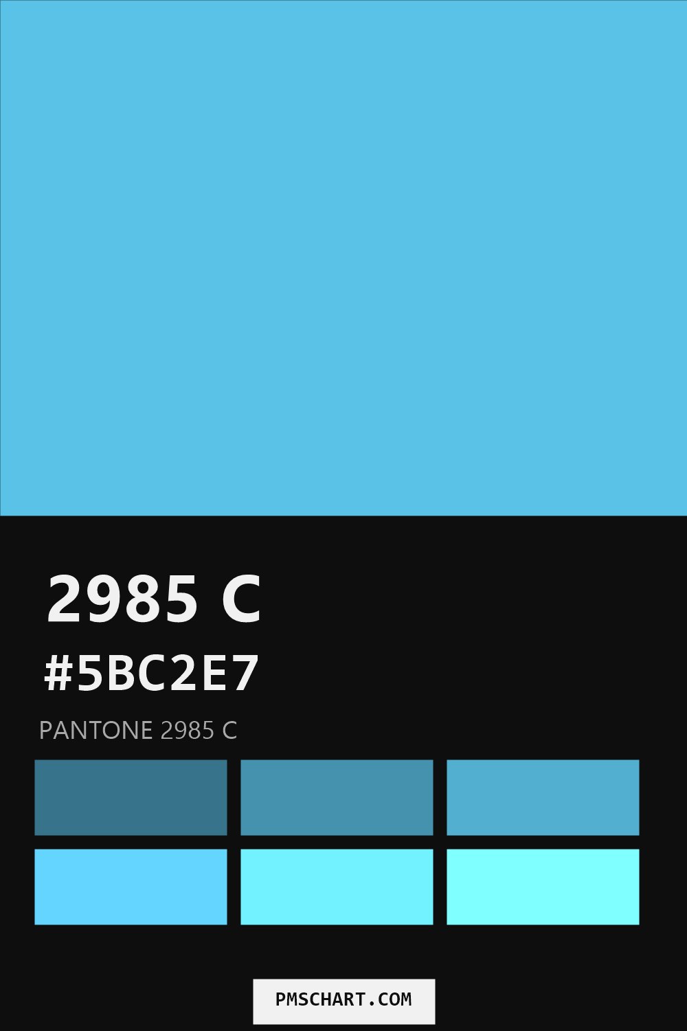 Pantone 2985 C color reference card (HEX #5BC2E7) with six nearest Pantone matches