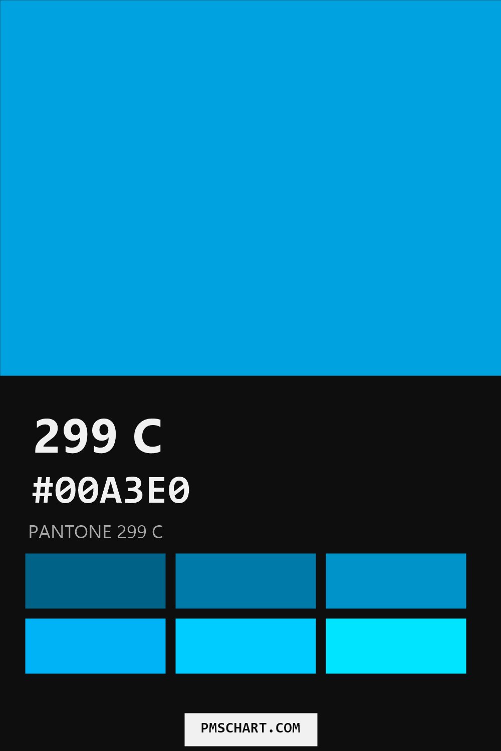 Pantone 299 C color reference card (HEX #00A3E0) with six nearest Pantone matches