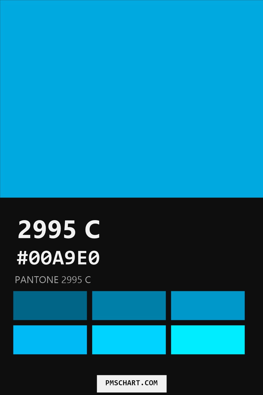 Pantone 2995 C color reference card (HEX #00A9E0) with six nearest Pantone matches