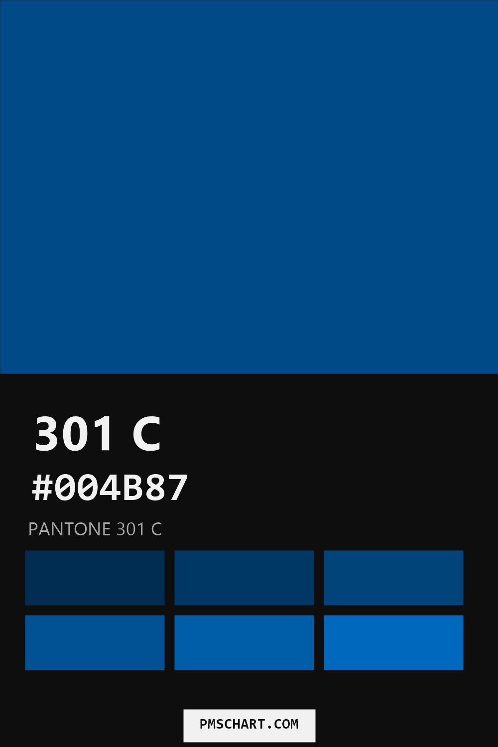 Pantone 301 C color reference card (HEX #004B87) with six nearest Pantone matches