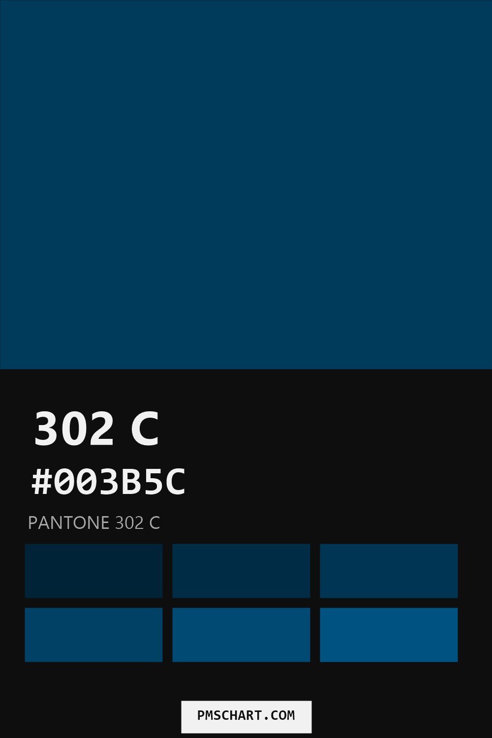 Pantone 302 C color reference card (HEX #003B5C) with six nearest Pantone matches