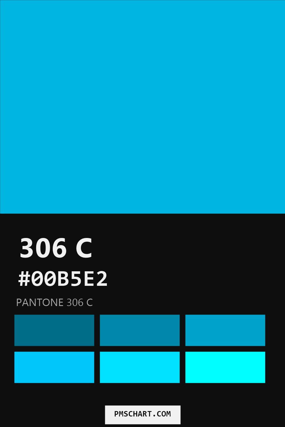 Pantone 306 C color reference card (HEX #00B5E2) with six nearest Pantone matches