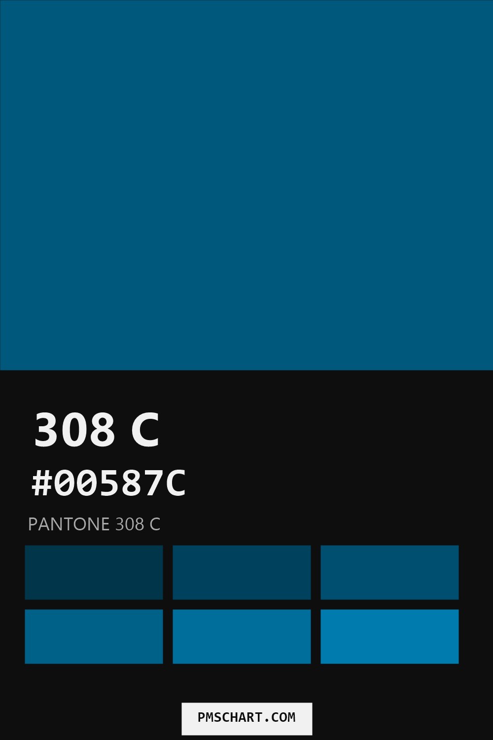 Pantone 308 C color reference card (HEX #00587C) with six nearest Pantone matches