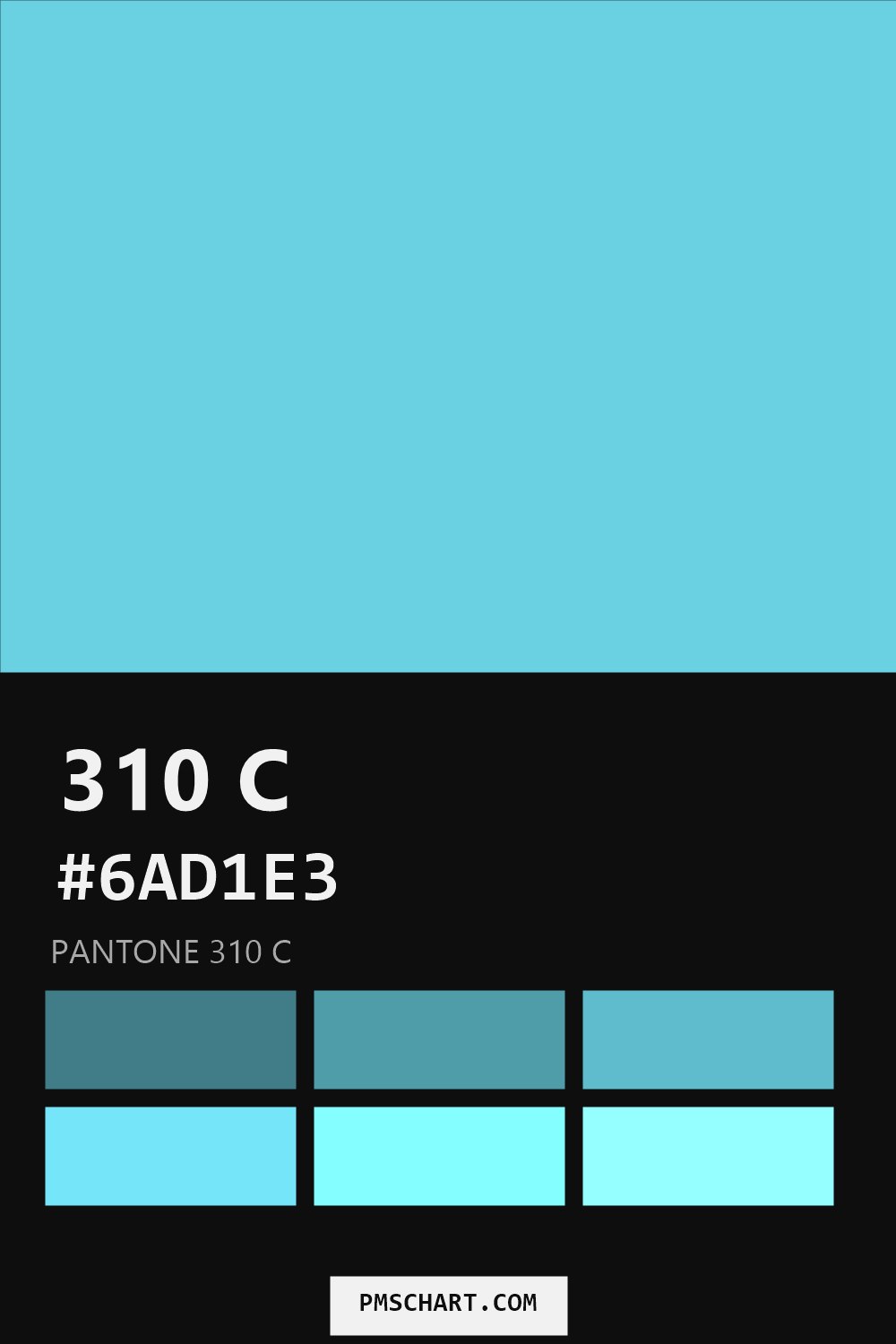 Pantone 310 C color reference card (HEX #6AD1E3) with six nearest Pantone matches
