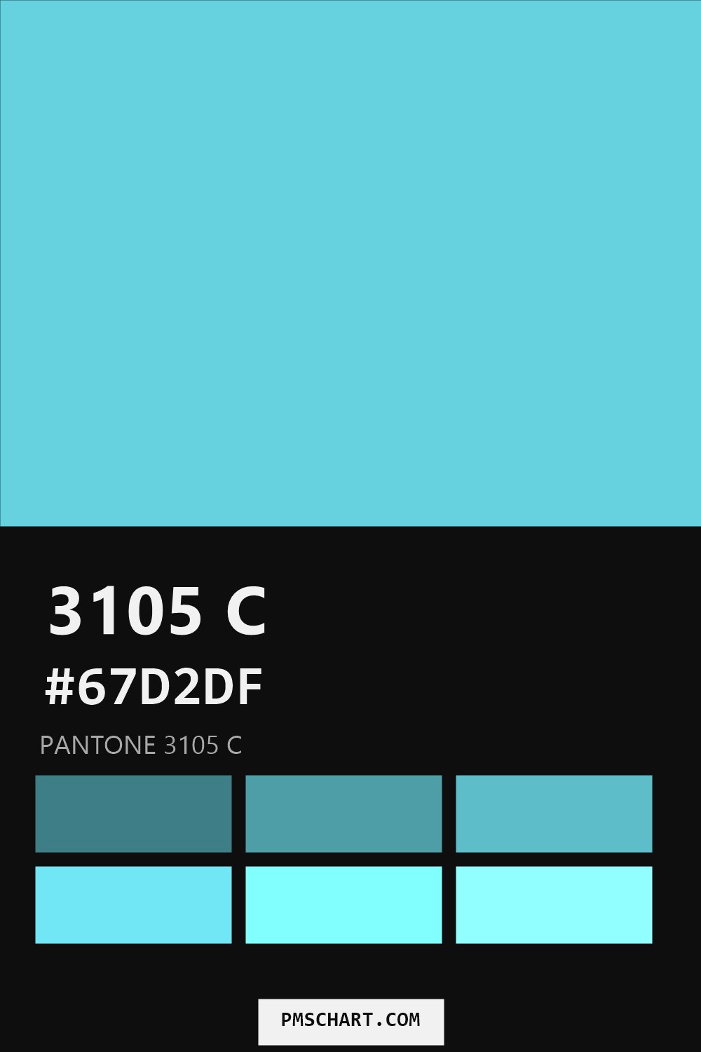 Pantone 3105 C color reference card (HEX #67D2DF) with six nearest Pantone matches