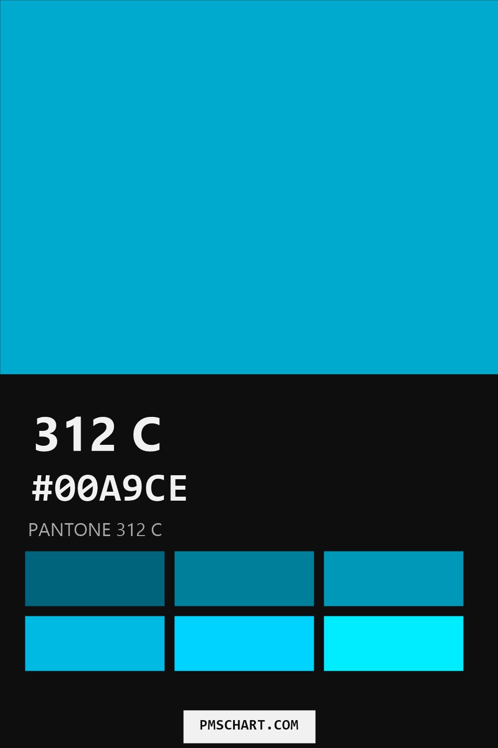 Pantone 312 C color reference card (HEX #00A9CE) with six nearest Pantone matches