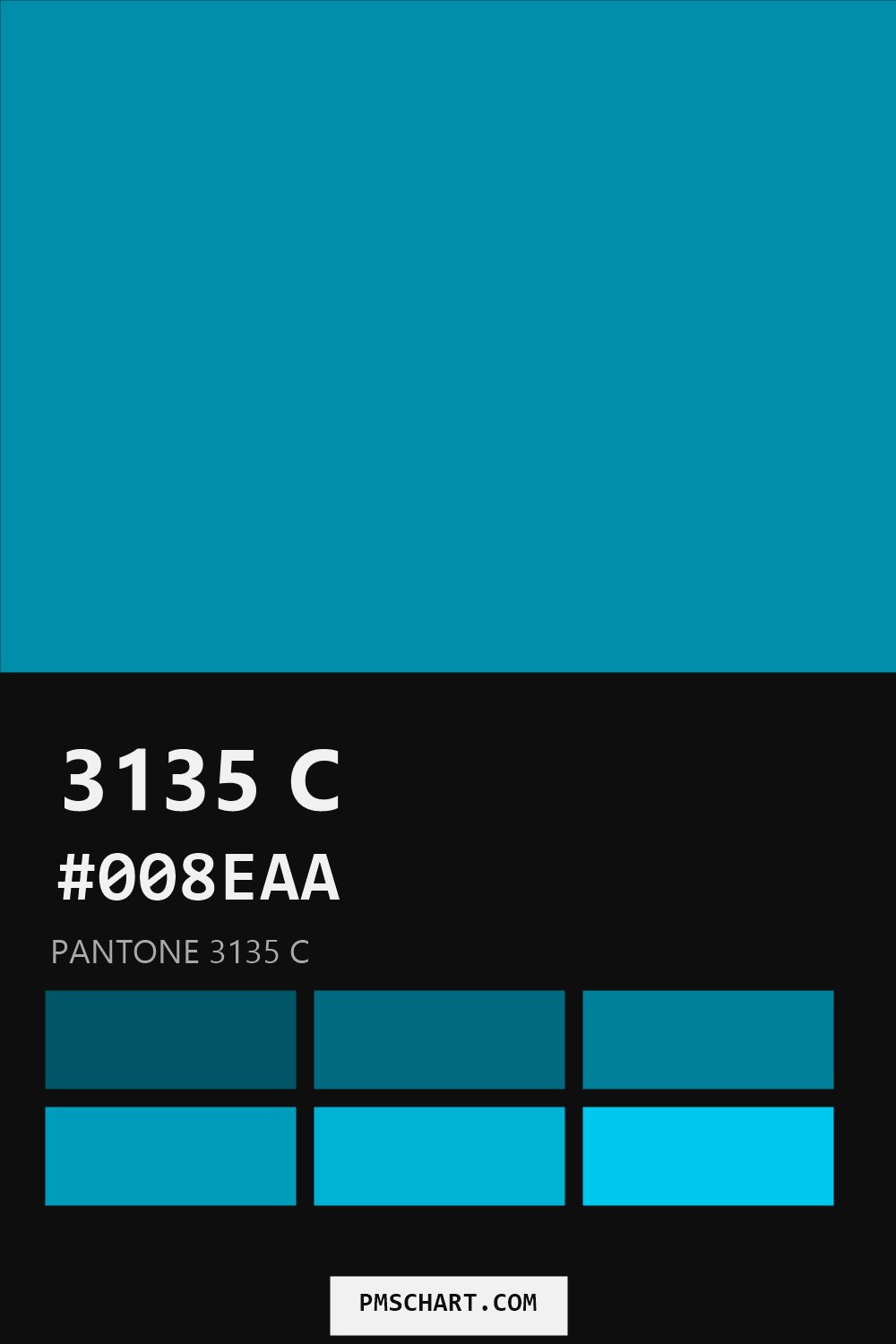 Pantone 3135 C color reference card (HEX #008EAA) with six nearest Pantone matches