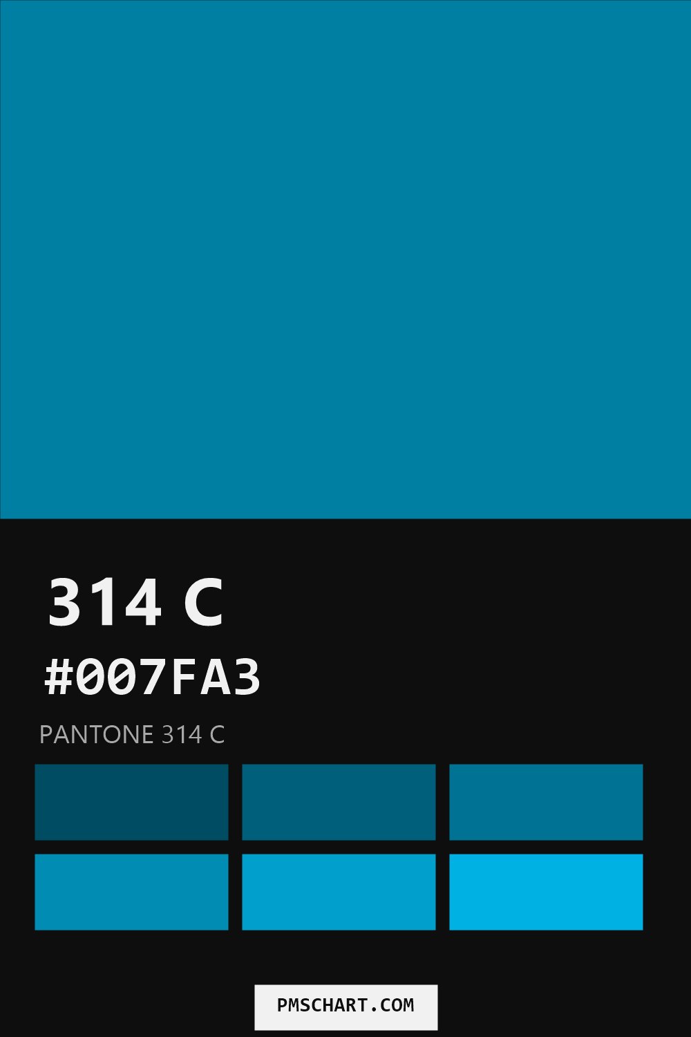 Pantone 314 C color reference card (HEX #007FA3) with six nearest Pantone matches