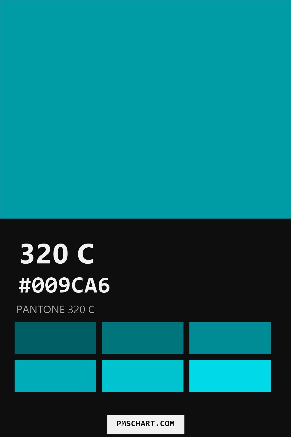 Pantone 320 C color reference card (HEX #009CA6) with six nearest Pantone matches