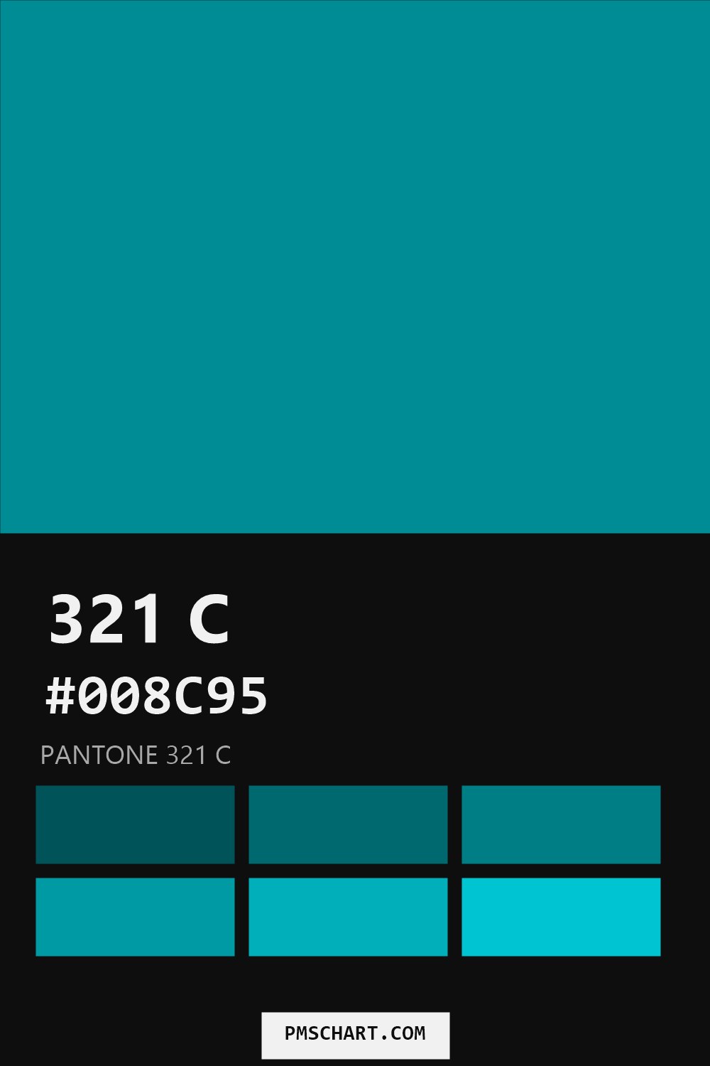 Pantone 321 C color reference card (HEX #008C95) with six nearest Pantone matches