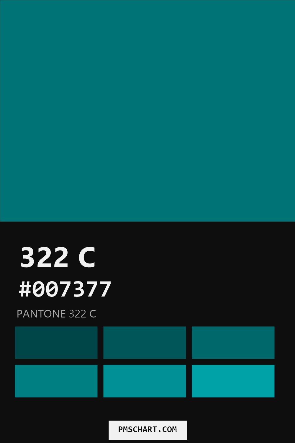 Pantone 322 C color reference card (HEX #007377) with six nearest Pantone matches