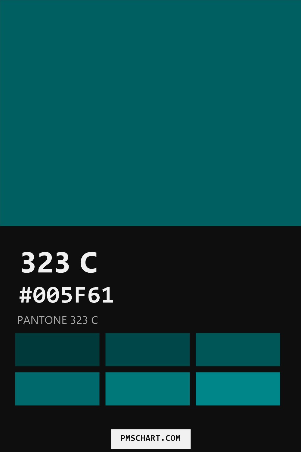 Pantone 323 C color reference card (HEX #005F61) with six nearest Pantone matches
