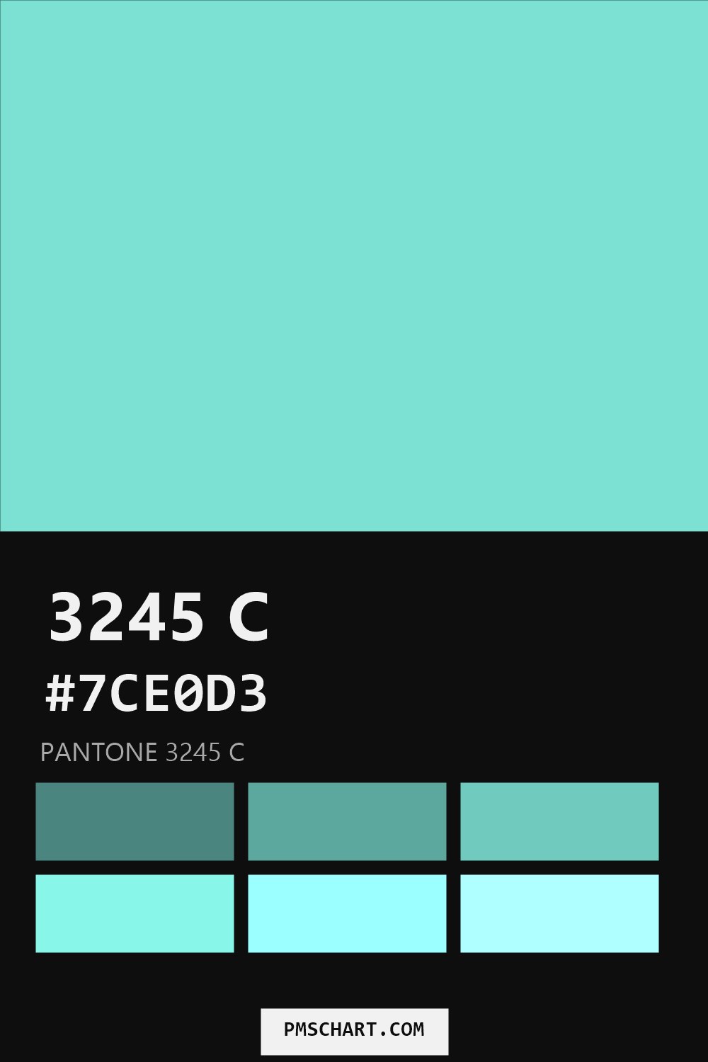 Pantone 3245 C color reference card (HEX #7CE0D3) with six nearest Pantone matches