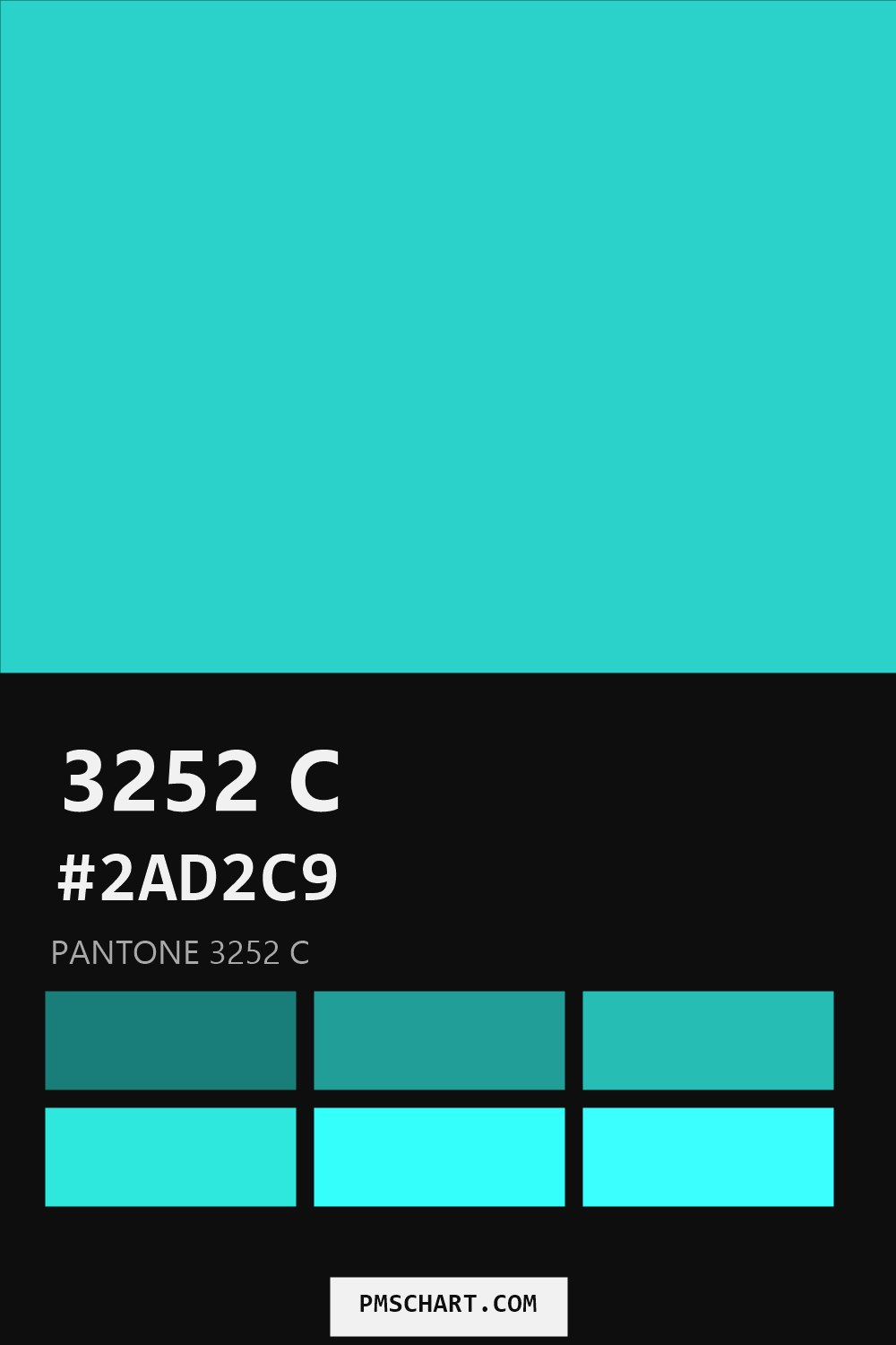 Pantone 3252 C color reference card (HEX #2AD2C9) with six nearest Pantone matches