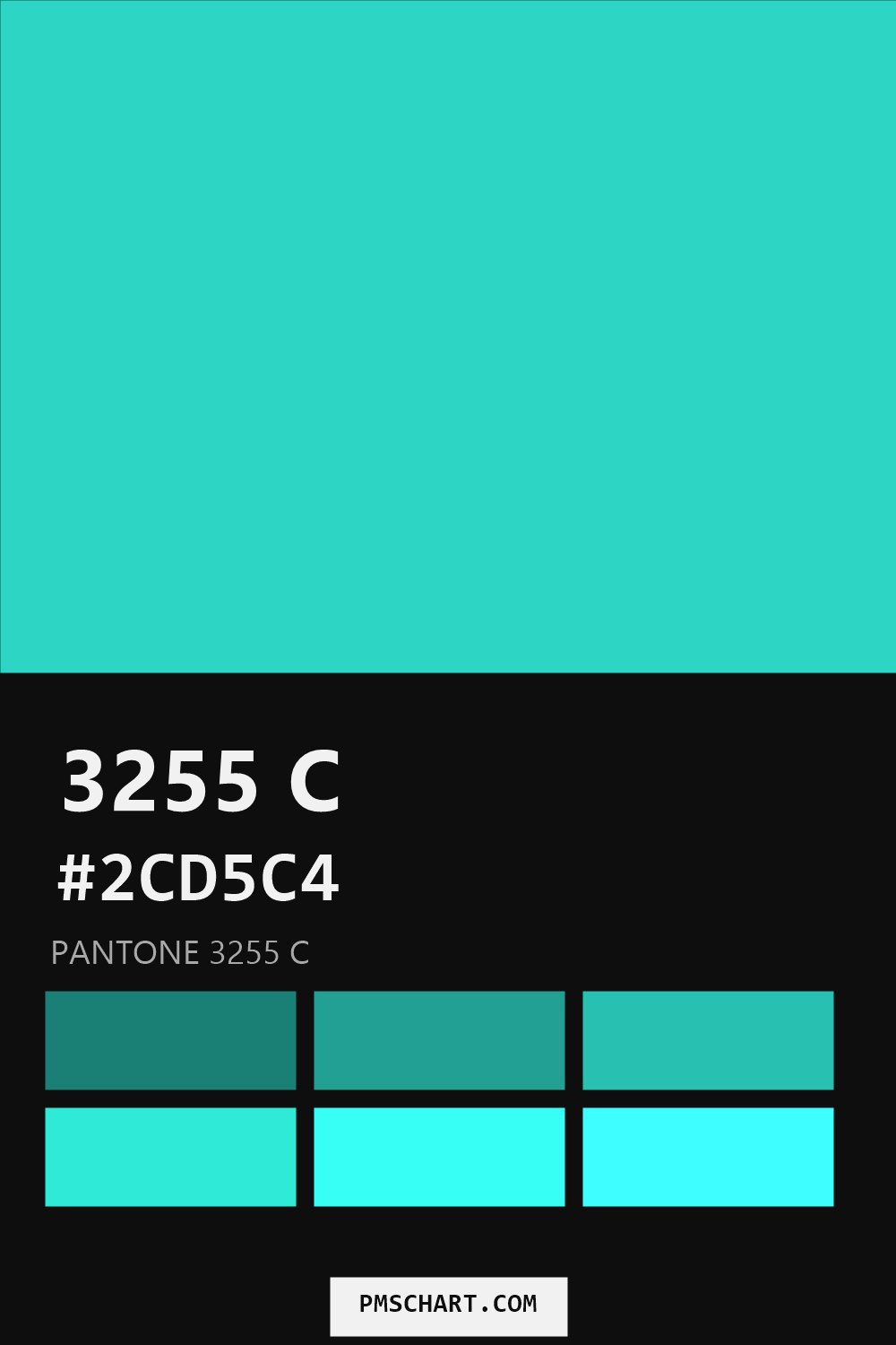 Pantone 3255 C color reference card (HEX #2CD5C4) with six nearest Pantone matches