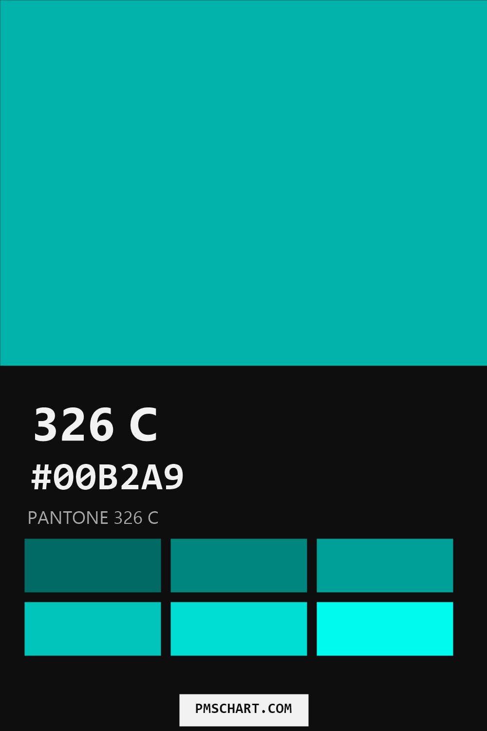 Pantone 326 C color reference card (HEX #00B2A9) with six nearest Pantone matches