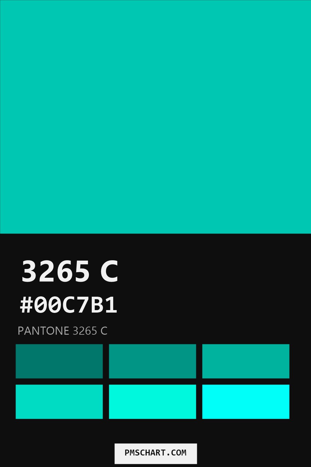 Pantone 3265 C color reference card (HEX #00C7B1) with six nearest Pantone matches