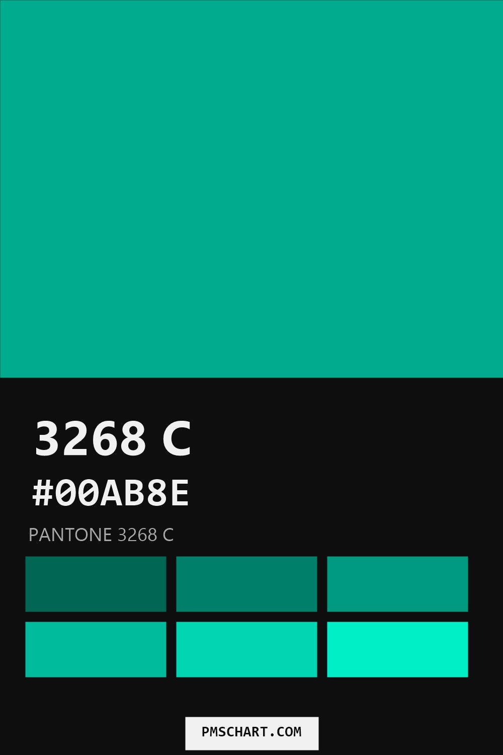 Pantone 3268 C color reference card (HEX #00AB8E) with six nearest Pantone matches