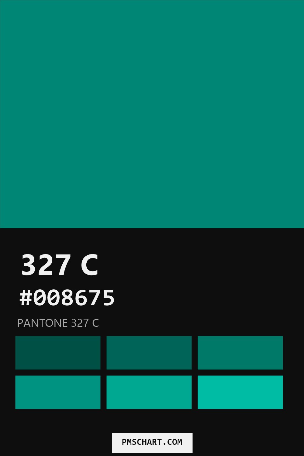 Pantone 327 C color reference card (HEX #008675) with six nearest Pantone matches