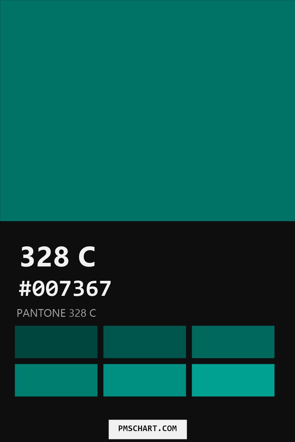 Pantone 328 C color reference card (HEX #007367) with six nearest Pantone matches