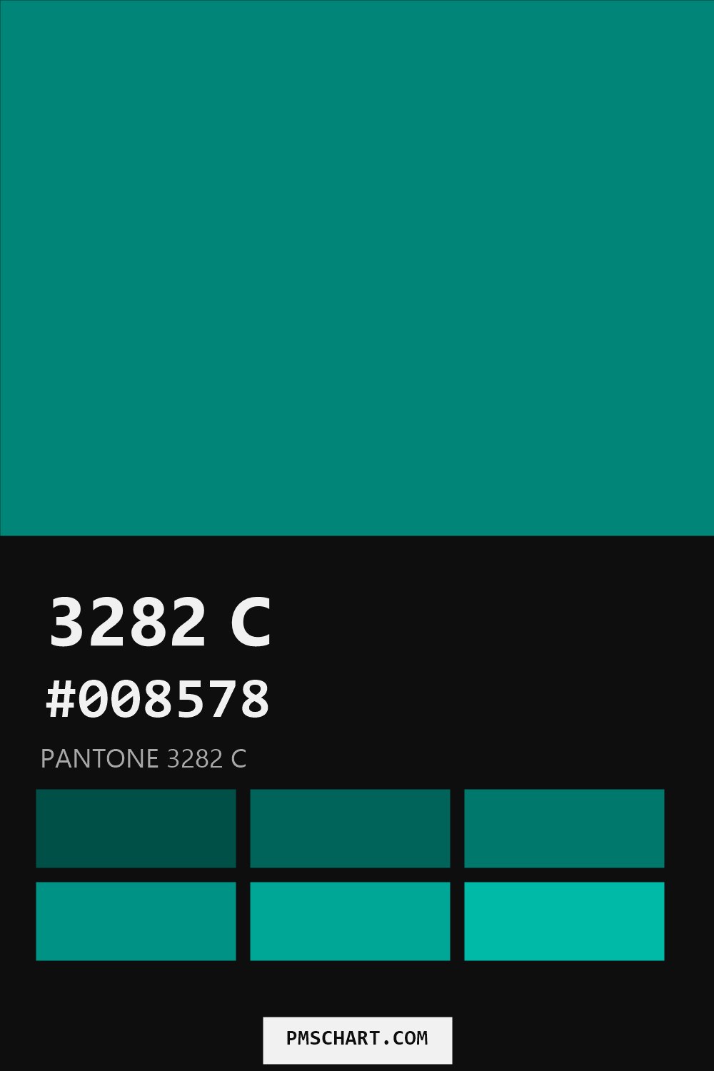 Pantone 3282 C color reference card (HEX #008578) with six nearest Pantone matches
