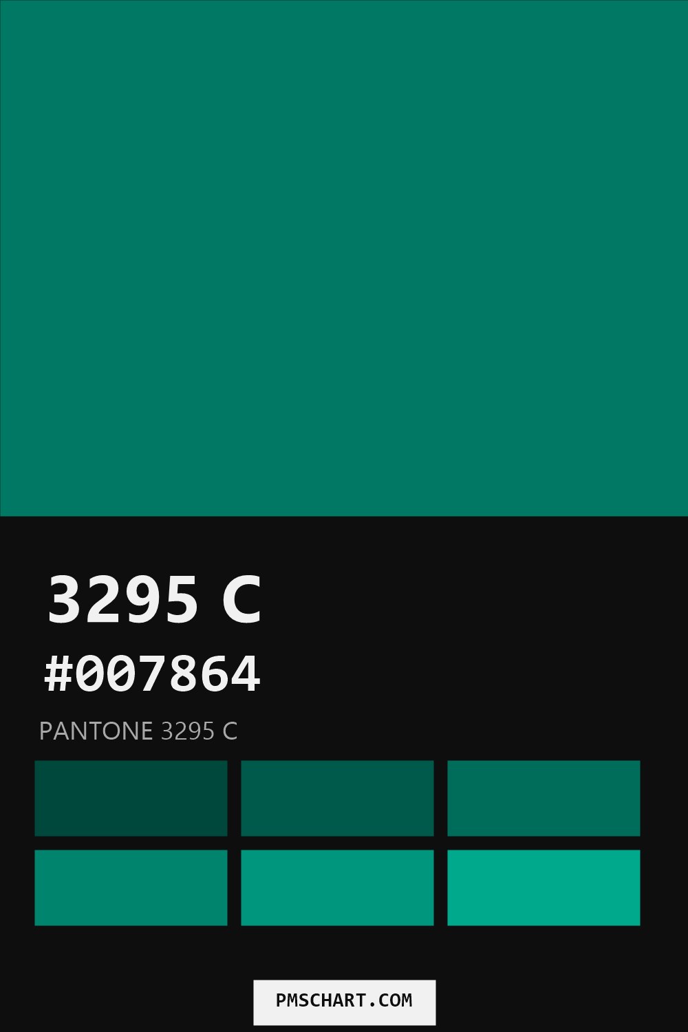 Pantone 3295 C color reference card (HEX #007864) with six nearest Pantone matches