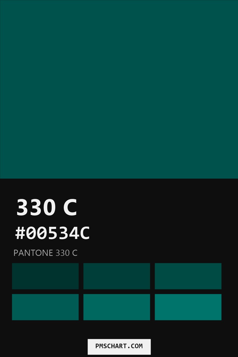 Pantone 330 C color reference card (HEX #00534C) with six nearest Pantone matches