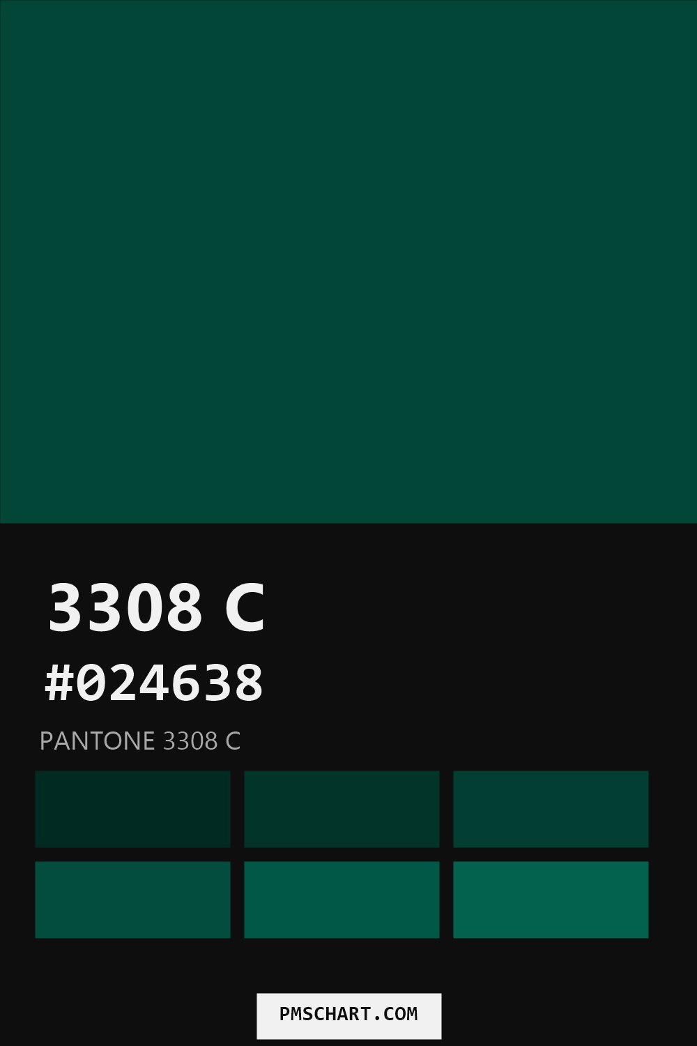 Pantone 3308 C color reference card (HEX #024638) with six nearest Pantone matches