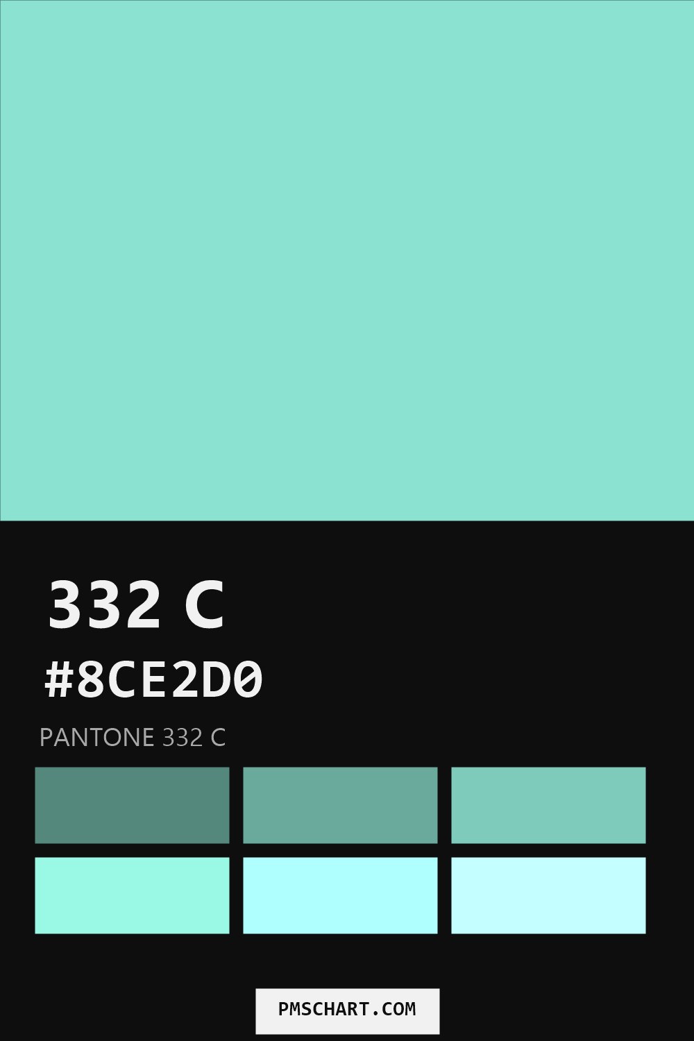Pantone 332 C color reference card (HEX #8CE2D0) with six nearest Pantone matches