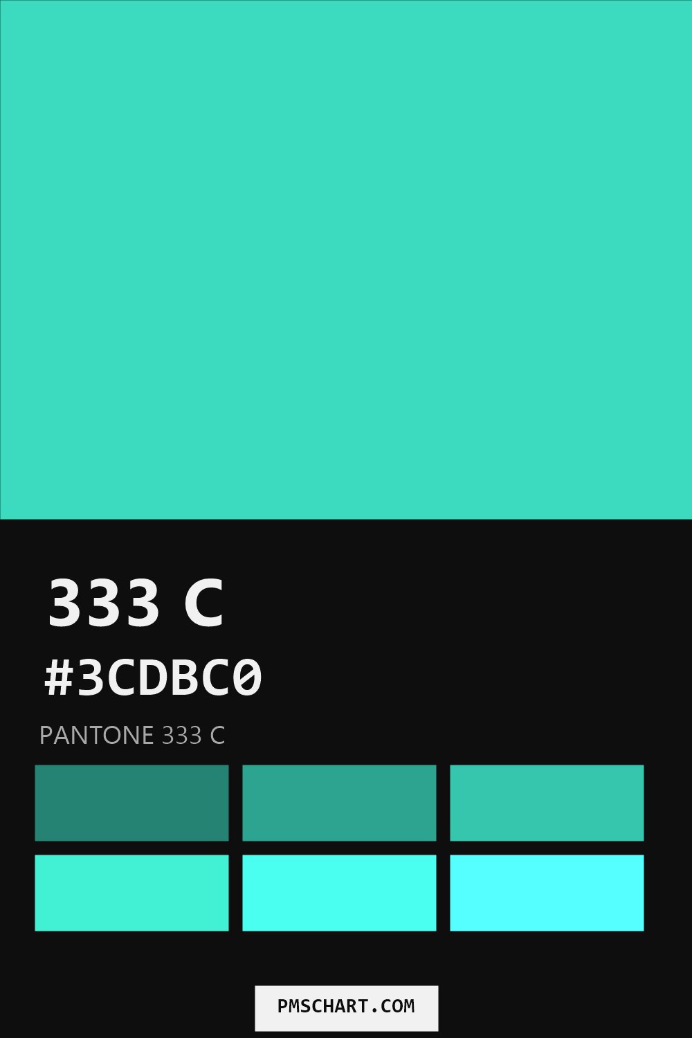 Pantone 333 C color reference card (HEX #3CDBC0) with six nearest Pantone matches