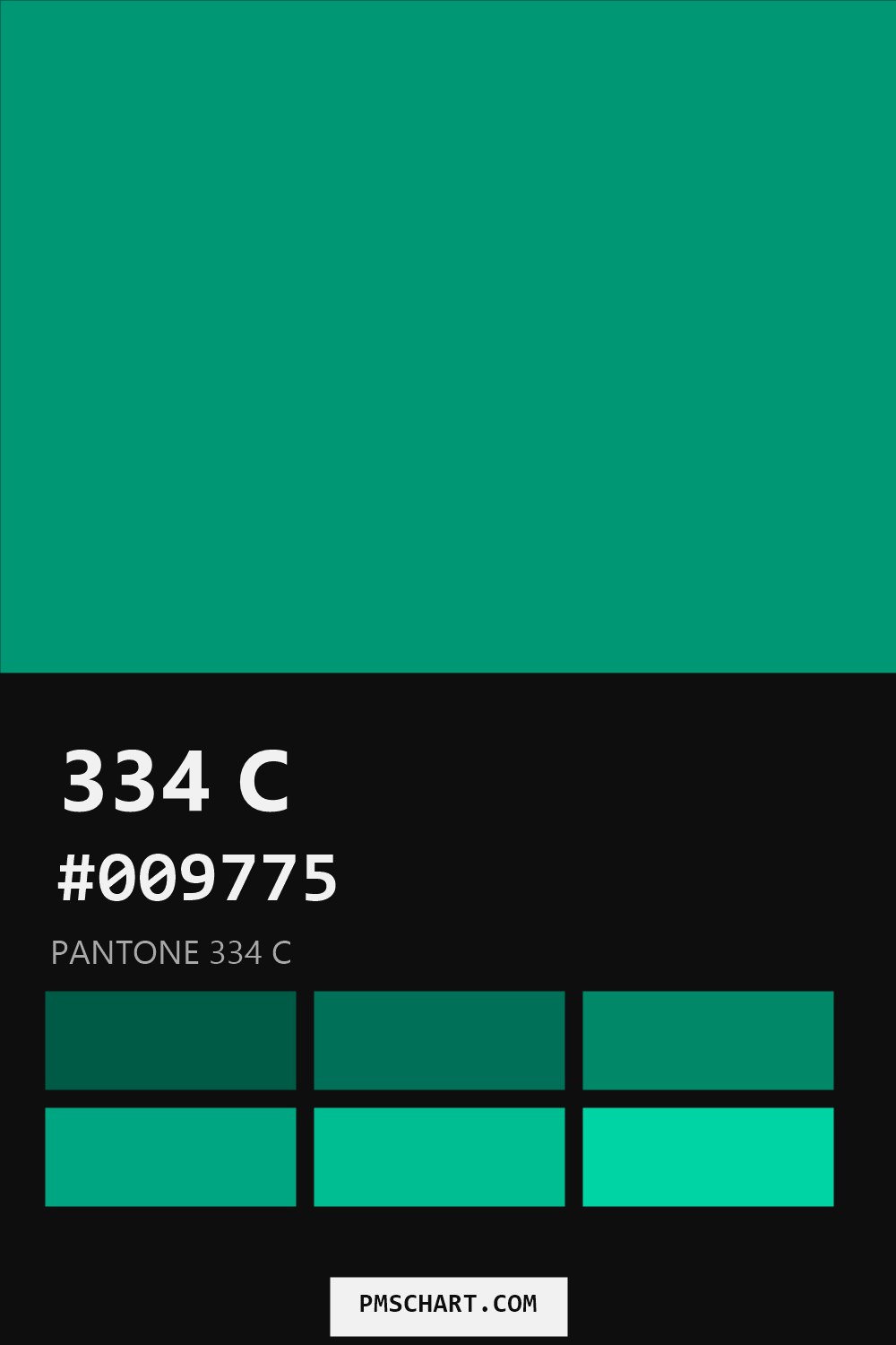 Pantone 334 C color reference card (HEX #009775) with six nearest Pantone matches