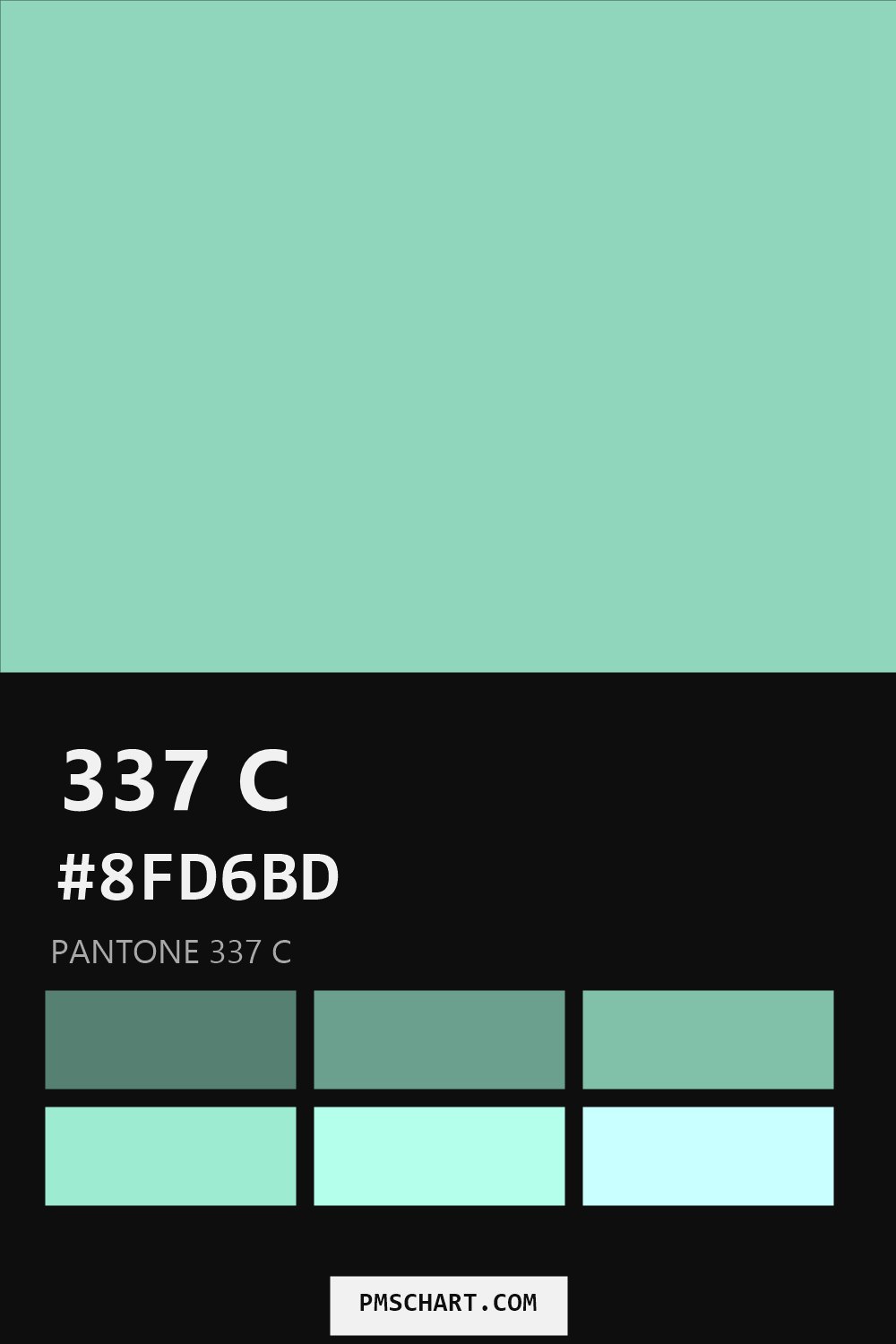 Pantone 337 C color reference card (HEX #8FD6BD) with six nearest Pantone matches