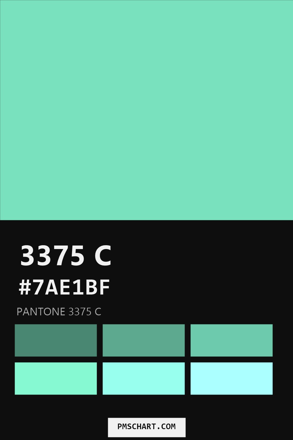 Pantone 3375 C color reference card (HEX #7AE1BF) with six nearest Pantone matches
