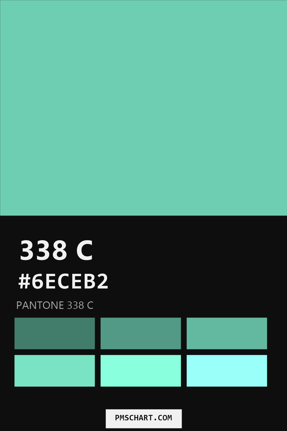 Pantone 338 C color reference card (HEX #6ECEB2) with six nearest Pantone matches