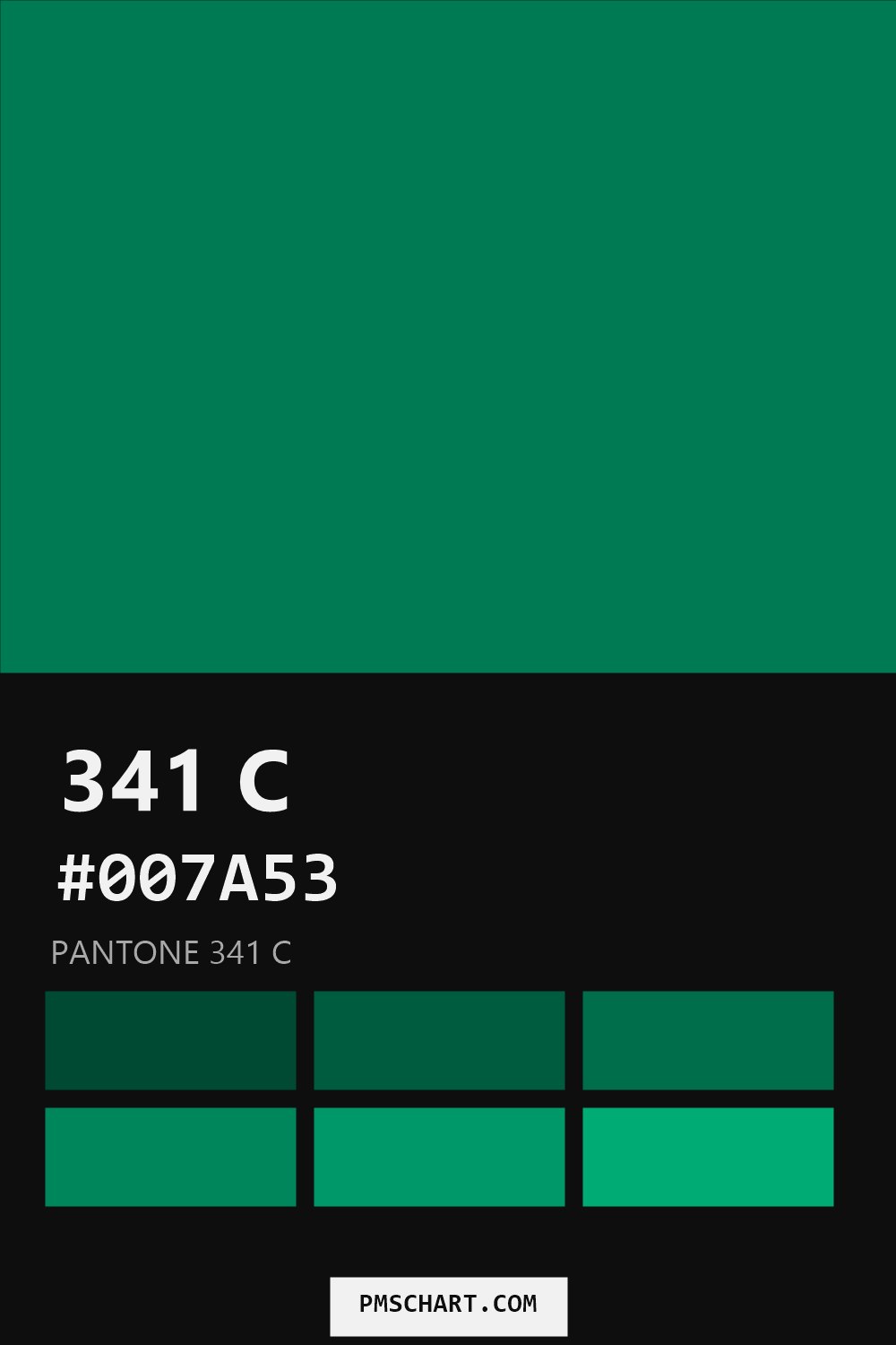 Pantone 341 C color reference card (HEX #007A53) with six nearest Pantone matches