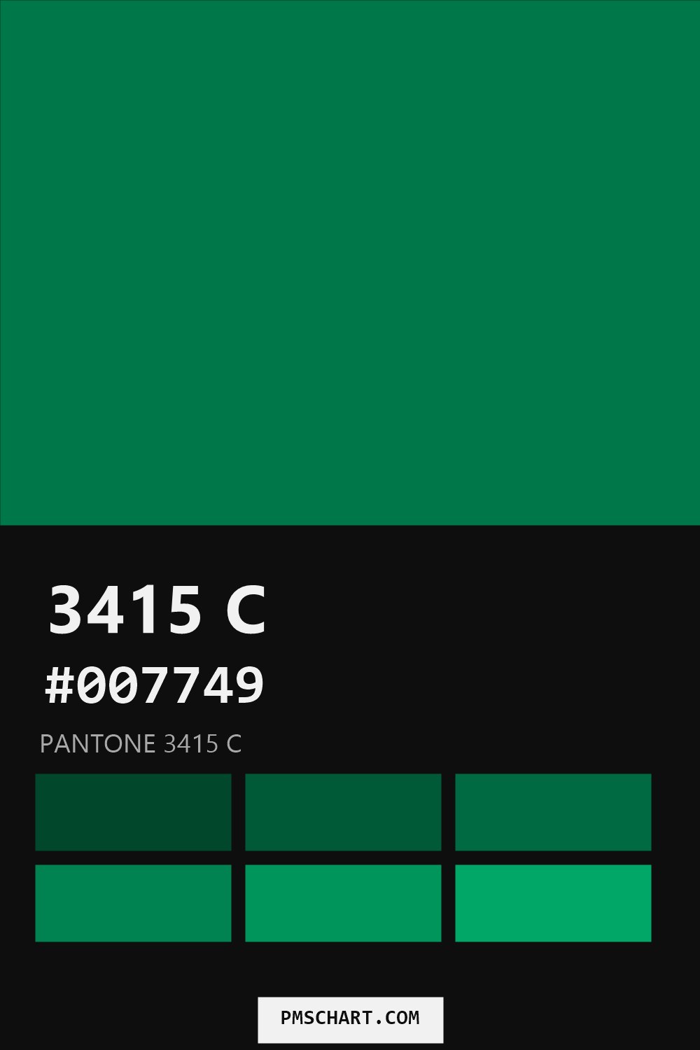 Pantone 3415 C color reference card (HEX #007749) with six nearest Pantone matches