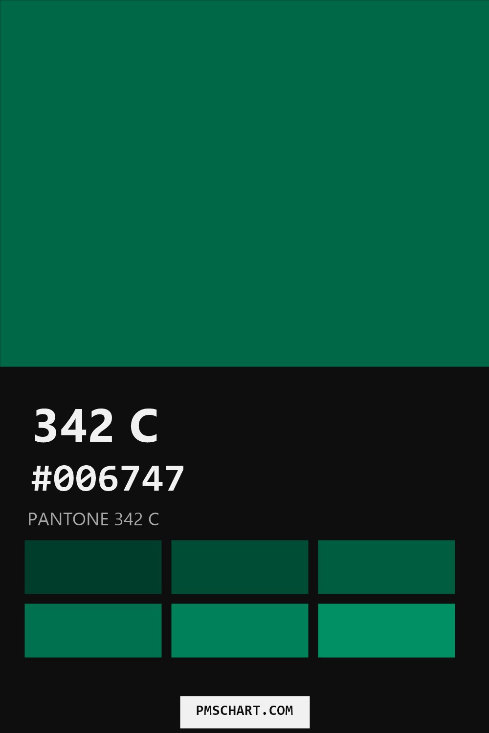 Pantone 342 C color reference card (HEX #006747) with six nearest Pantone matches