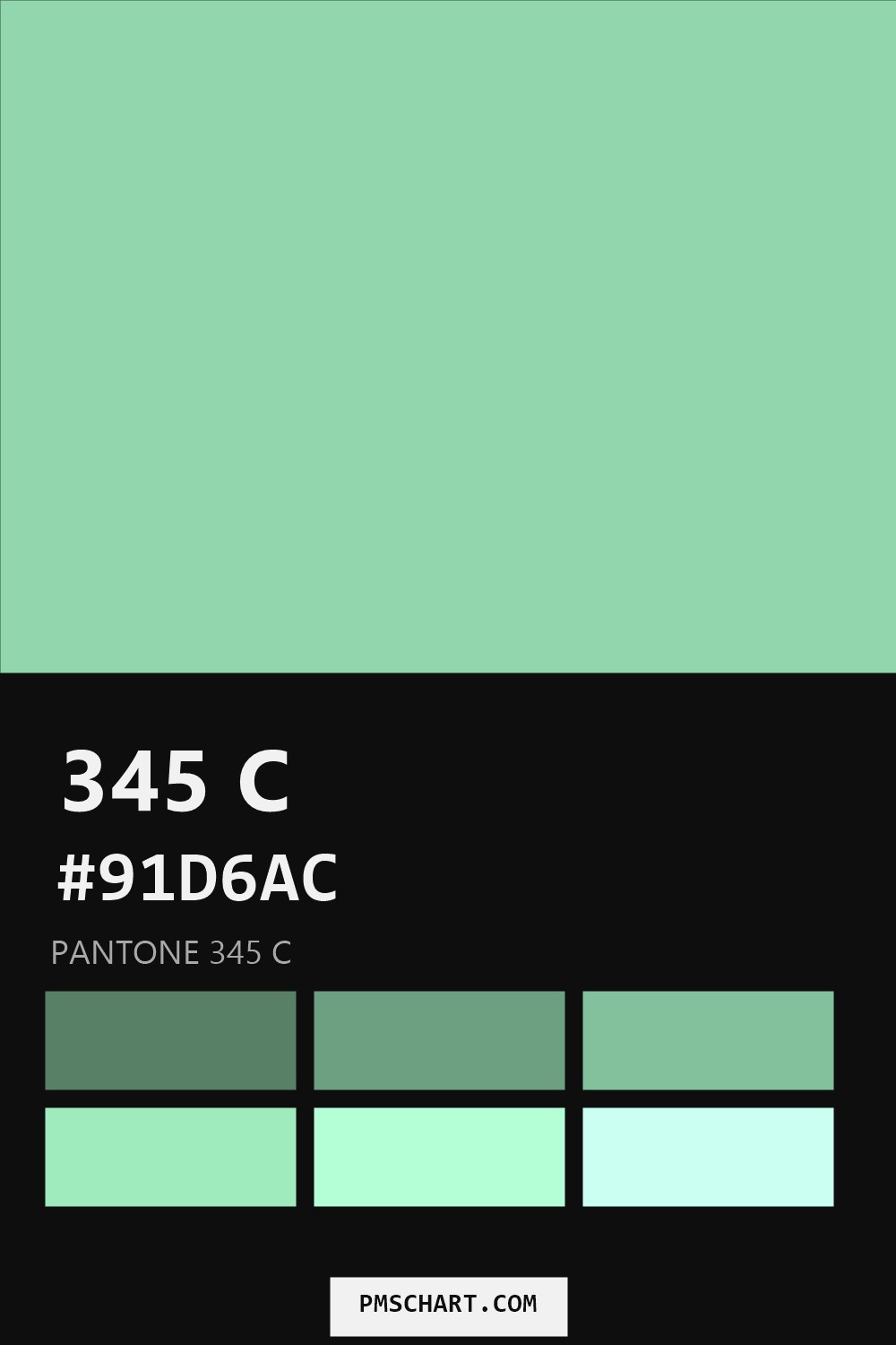 Pantone 345 C color reference card (HEX #91D6AC) with six nearest Pantone matches