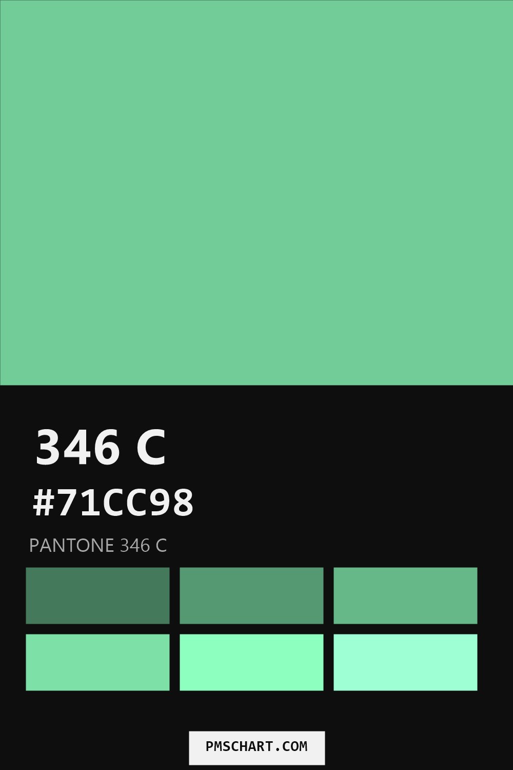 Pantone 346 C color reference card (HEX #71CC98) with six nearest Pantone matches