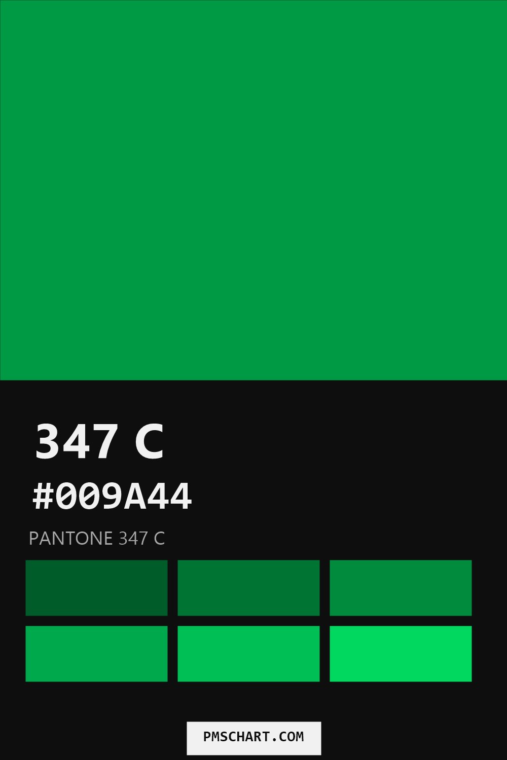 Pantone 347 C color reference card (HEX #009A44) with six nearest Pantone matches