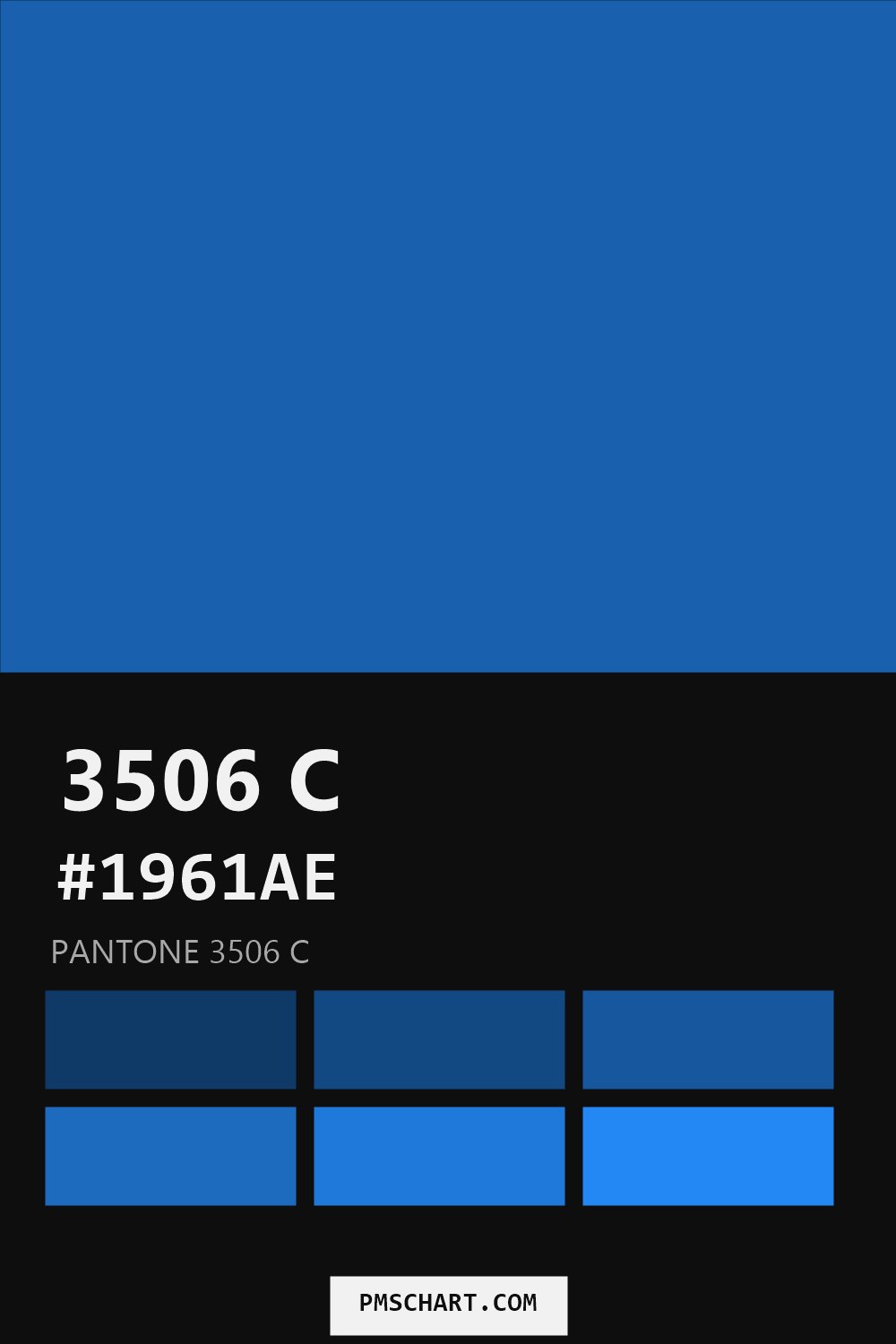 Pantone 3506 C color reference card (HEX #1961AE) with six nearest Pantone matches