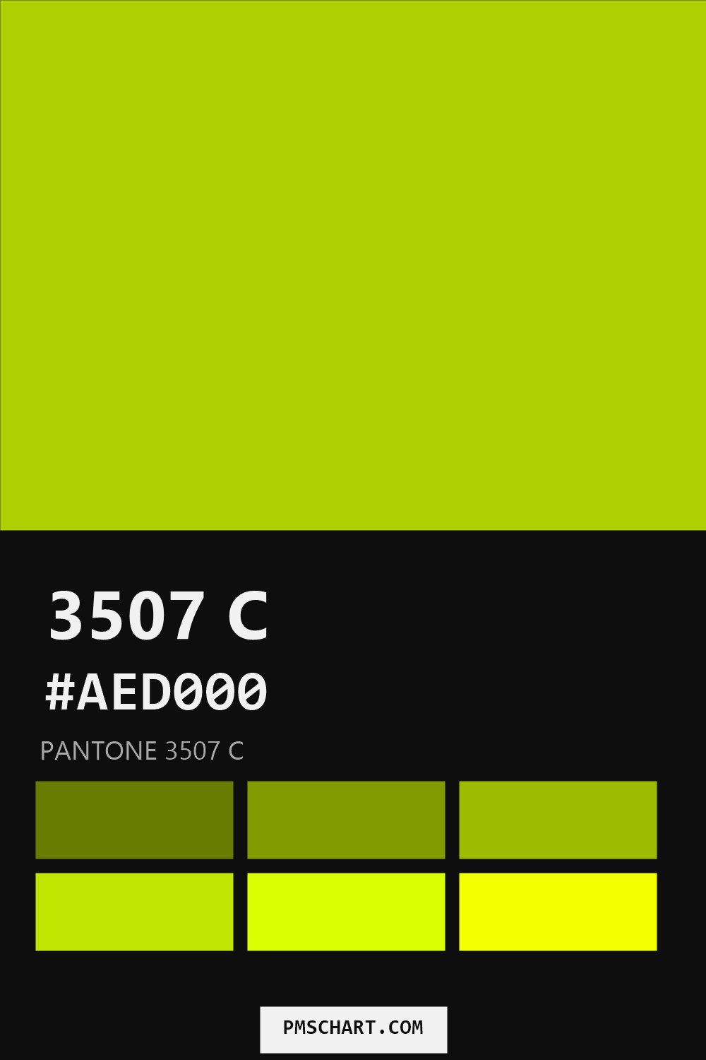 Pantone 3507 C color reference card (HEX #AED000) with six nearest Pantone matches