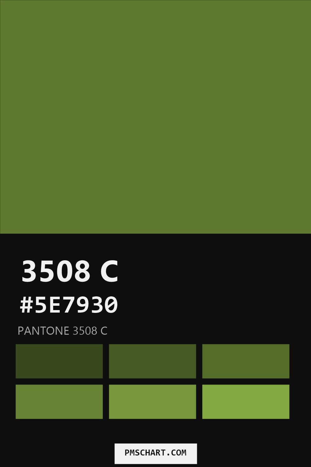 Pantone 3508 C color reference card (HEX #5E7930) with six nearest Pantone matches