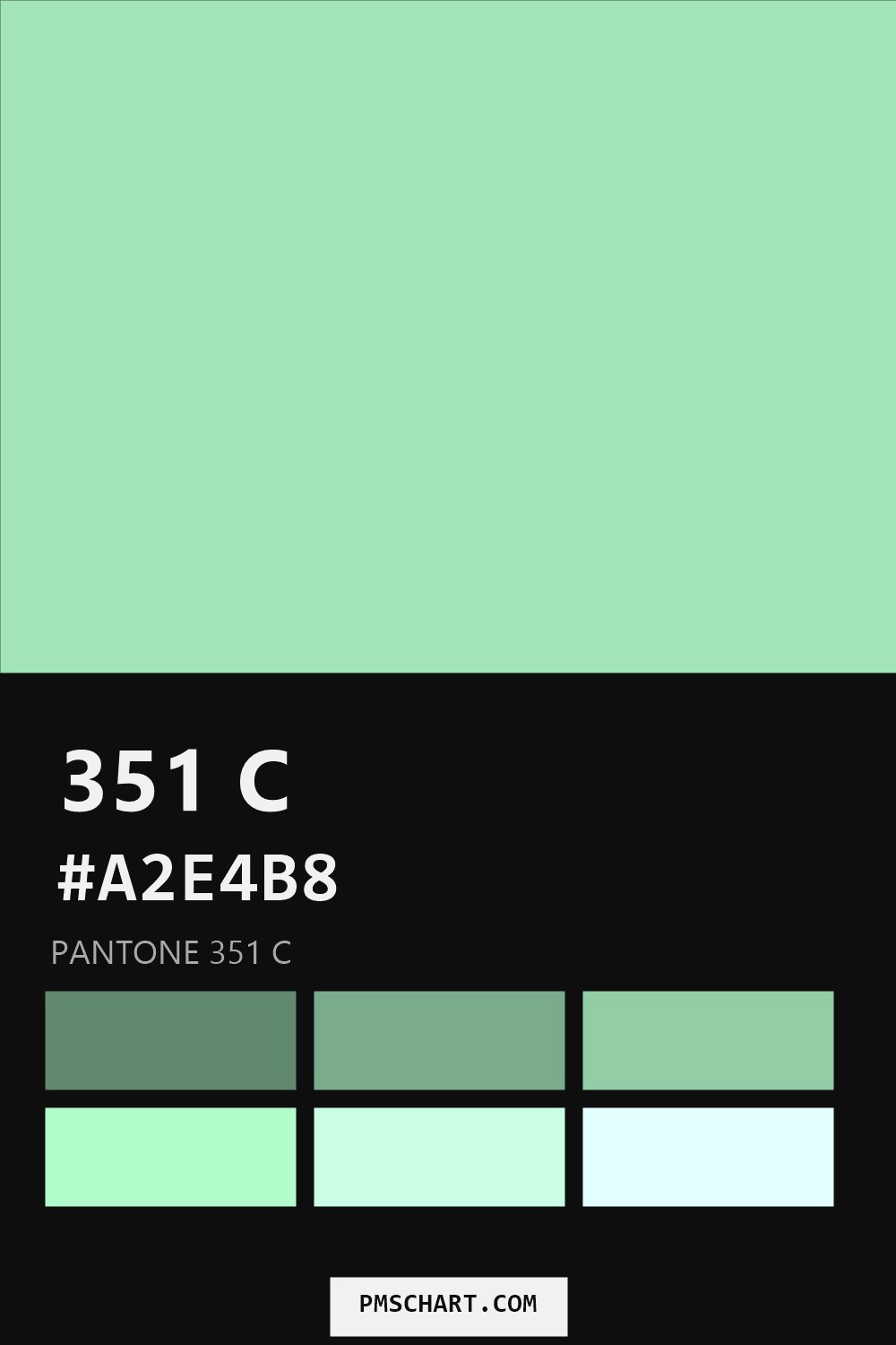 Pantone 351 C color reference card (HEX #A2E4B8) with six nearest Pantone matches