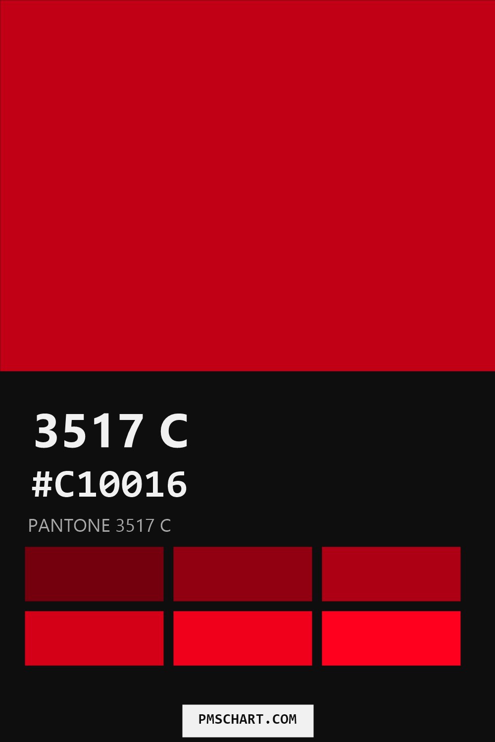 Pantone 3517 C color reference card (HEX #C10016) with six nearest Pantone matches