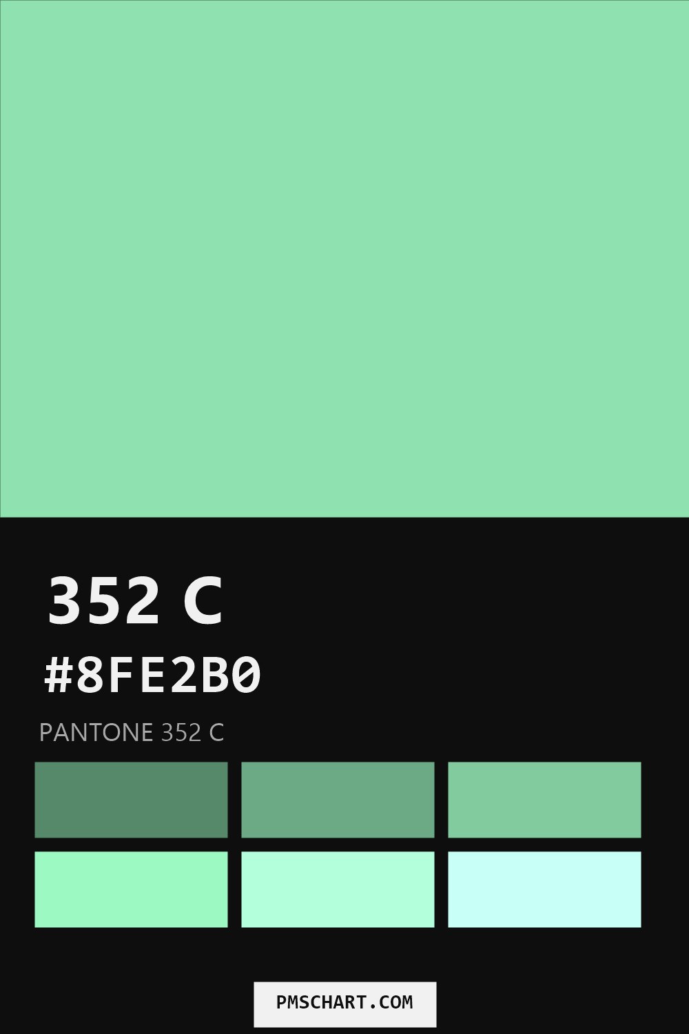 Pantone 352 C color reference card (HEX #8FE2B0) with six nearest Pantone matches