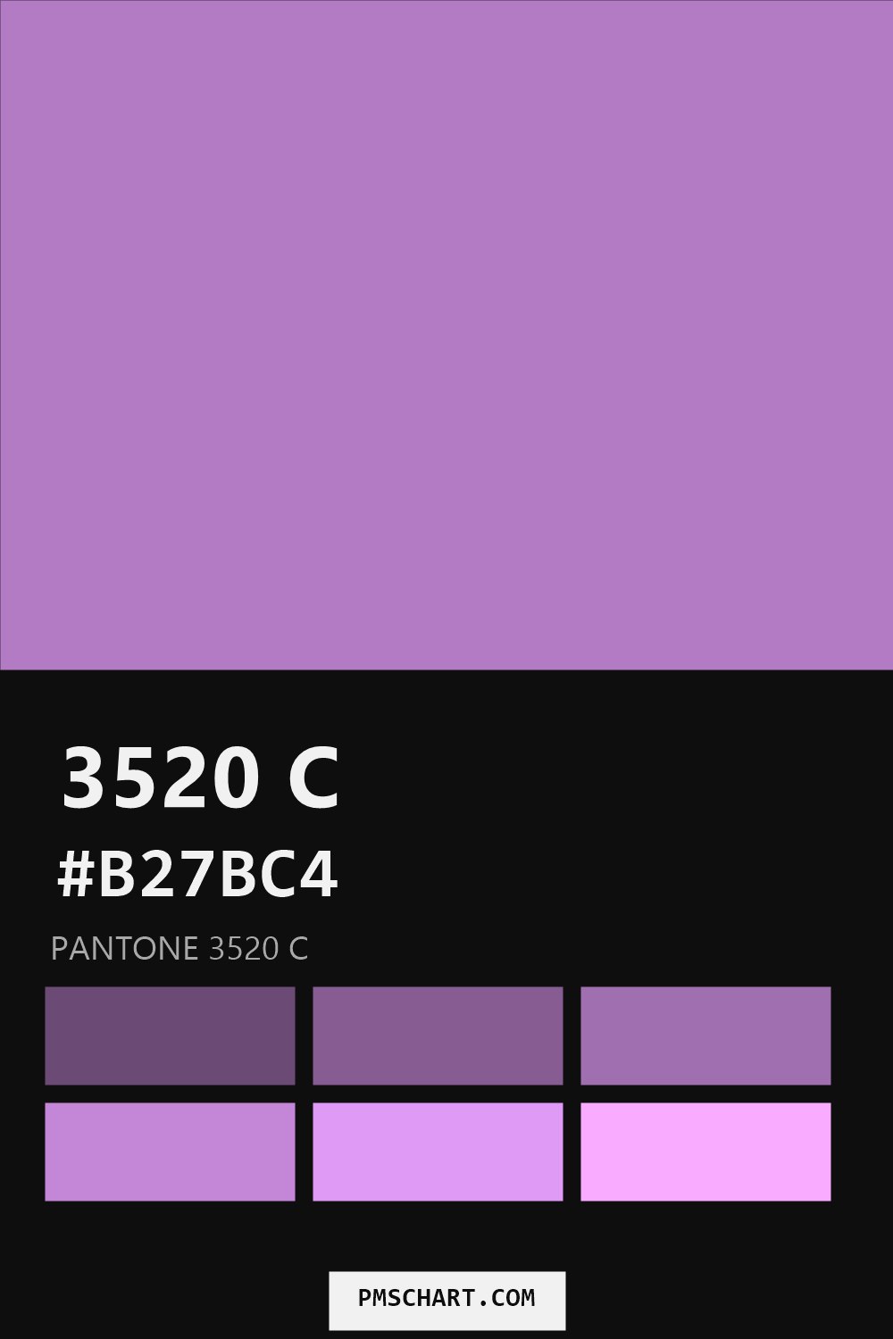Pantone 3520 C color reference card (HEX #B27BC4) with six nearest Pantone matches