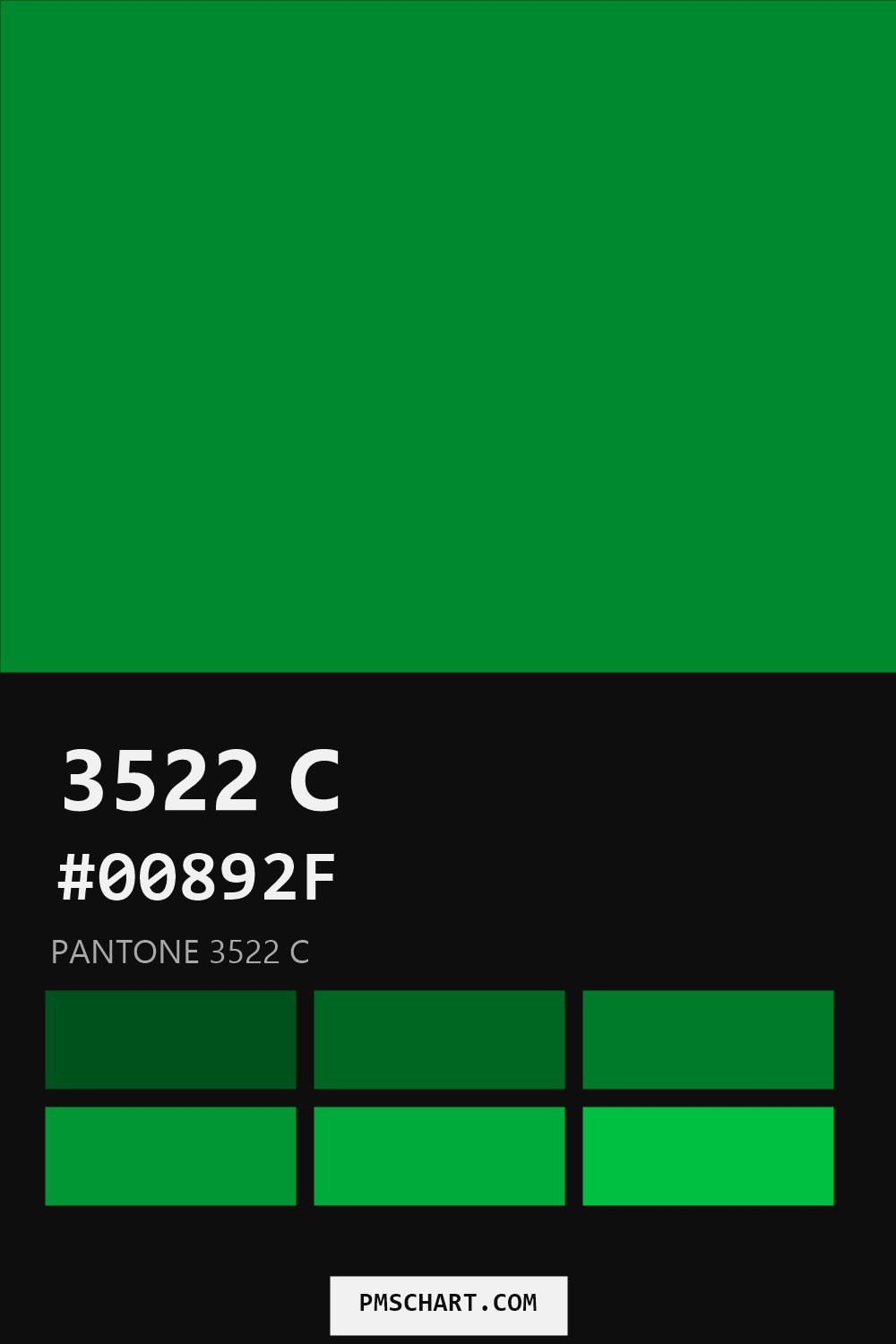 Pantone 3522 C color reference card (HEX #00892F) with six nearest Pantone matches