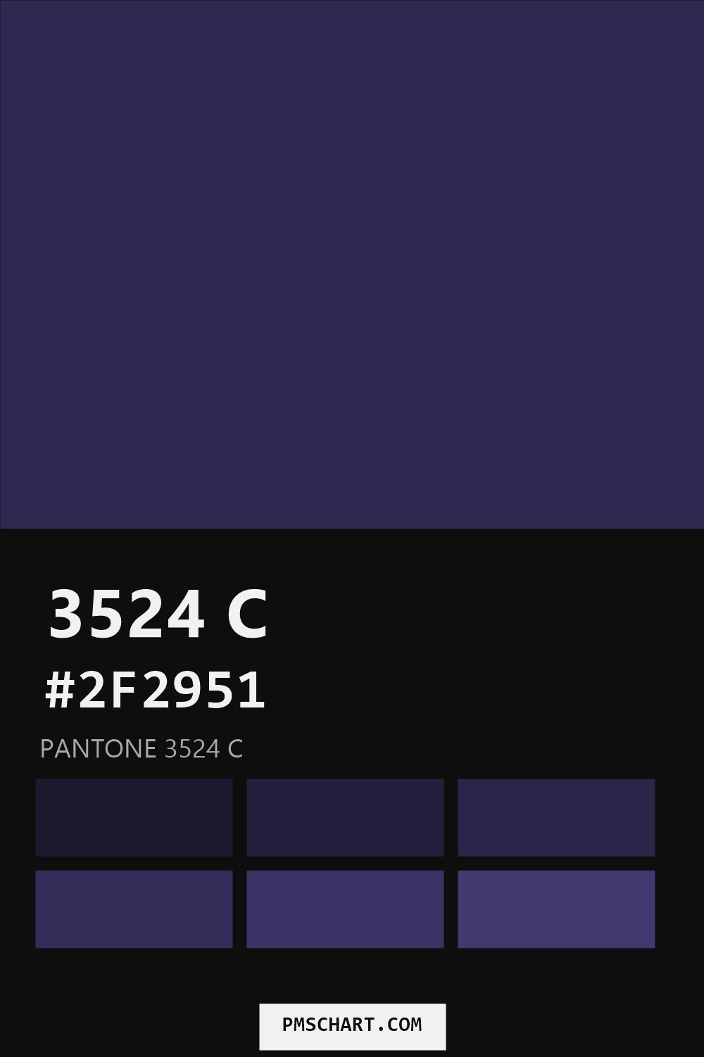 Pantone 3524 C color reference card (HEX #2F2951) with six nearest Pantone matches