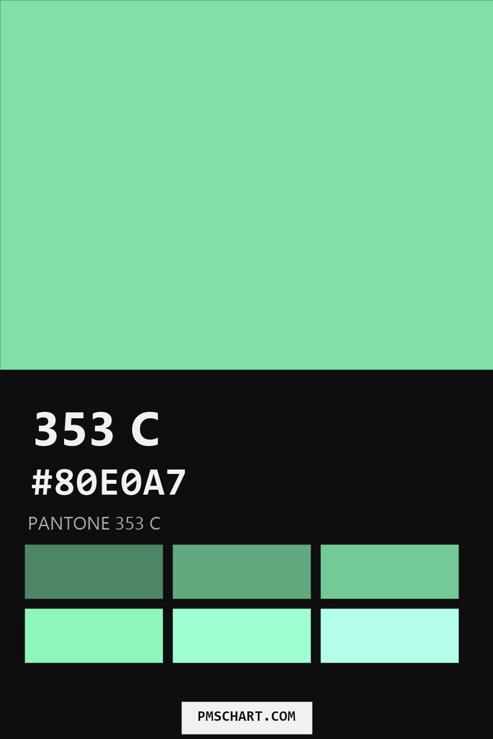 Pantone 353 C color reference card (HEX #80E0A7) with six nearest Pantone matches